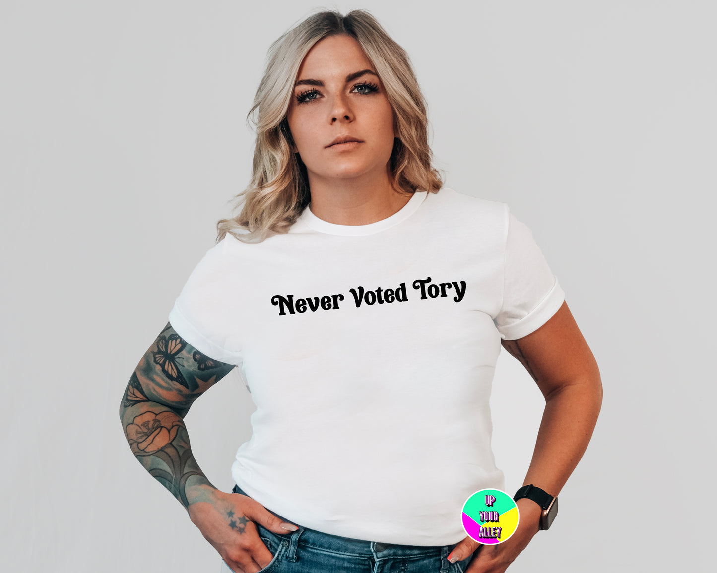Never Voted Tory Unisex White Tshirt Black Text