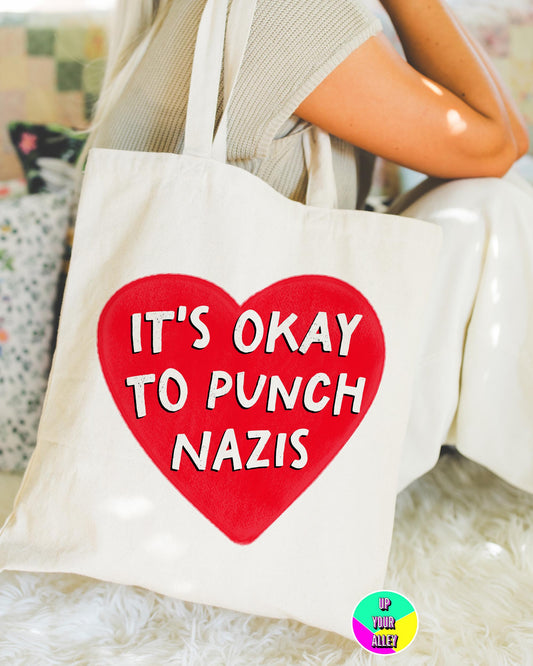 It's Okay To Punch Nazis Tote Bag l Feminist l Feminism l Anti Fascism l Social Justice l Reusable Eco Shopping Bag